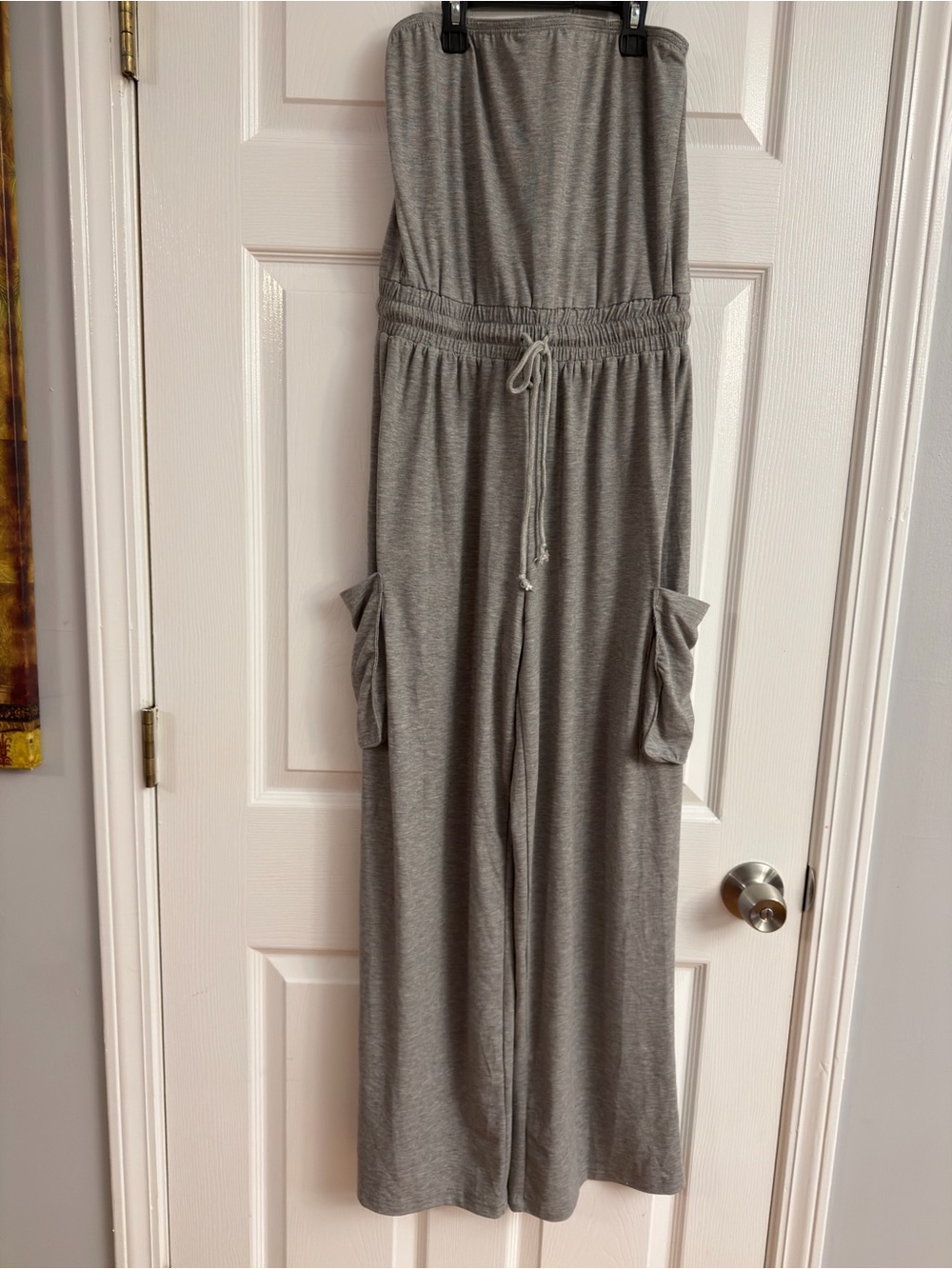 Gray Strapless Wide-Leg Jumpsuit with Cargo Pockets